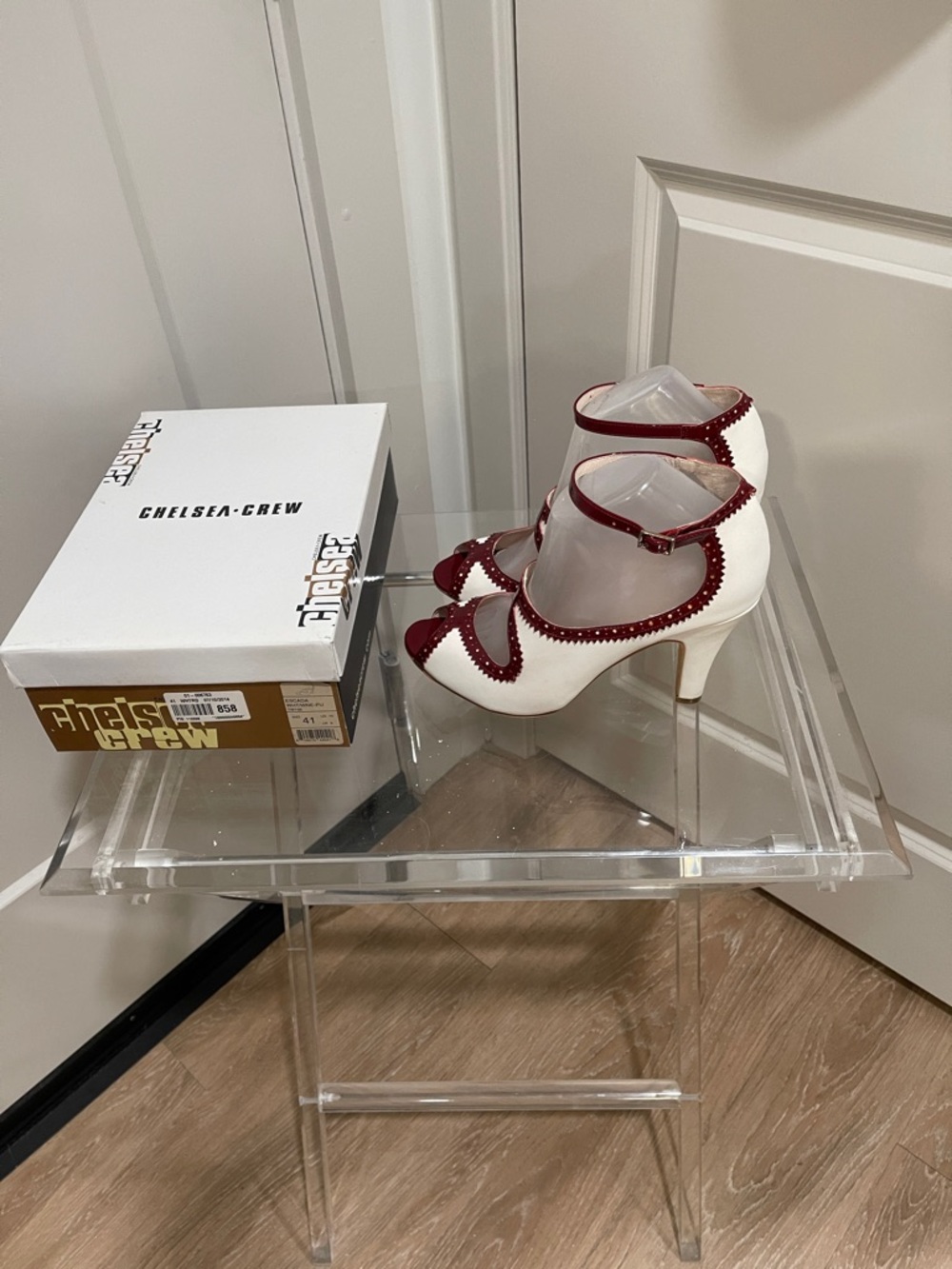 Chelsea Crew Escada Wine and White Cutout Peep-Toe Ankle-Strap Heels - Picture 4 of 5